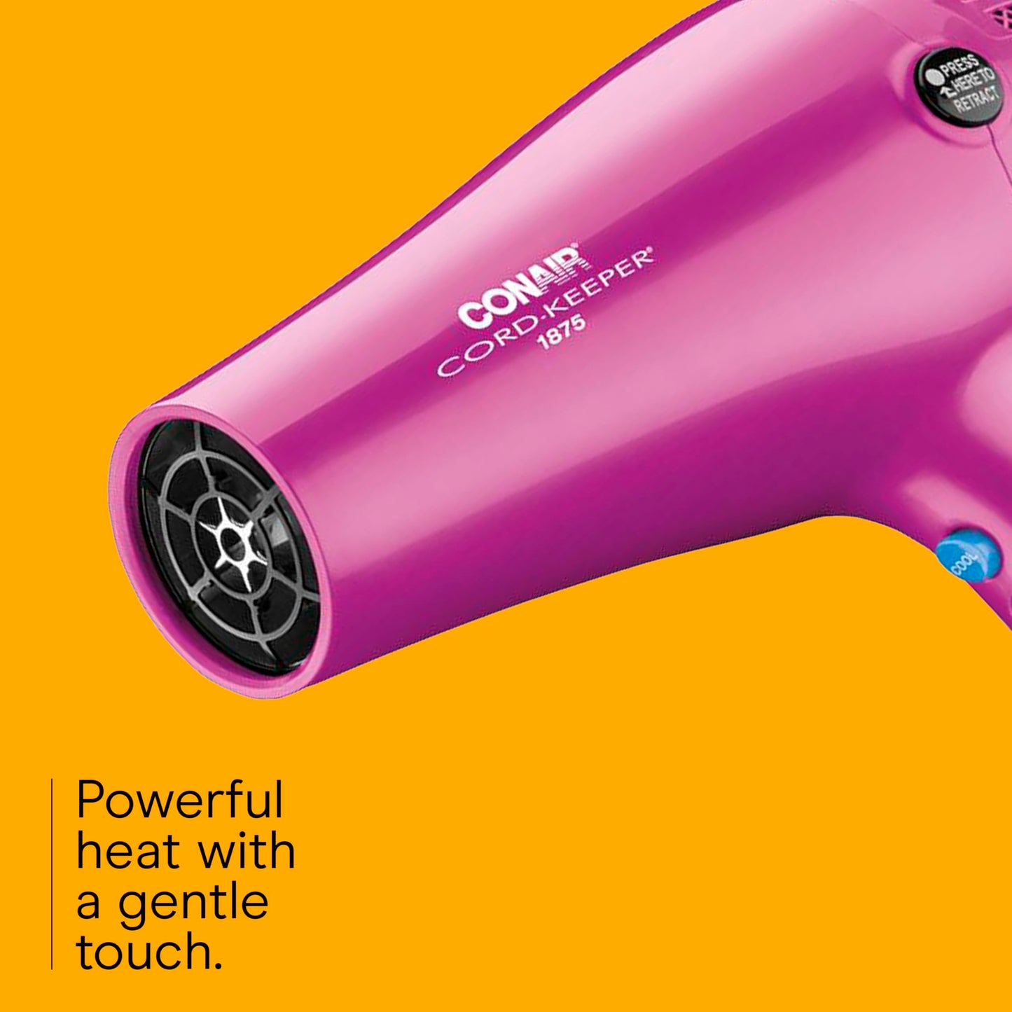 Conair Hair Dryer with Retractable Cord, 1875W Blow Dryer, 3 Heat Settings, 2 Speeds, Blow Dryer with Diffuser and Concentrator Attachments, Ionic + Tourmaline Technology, Pink