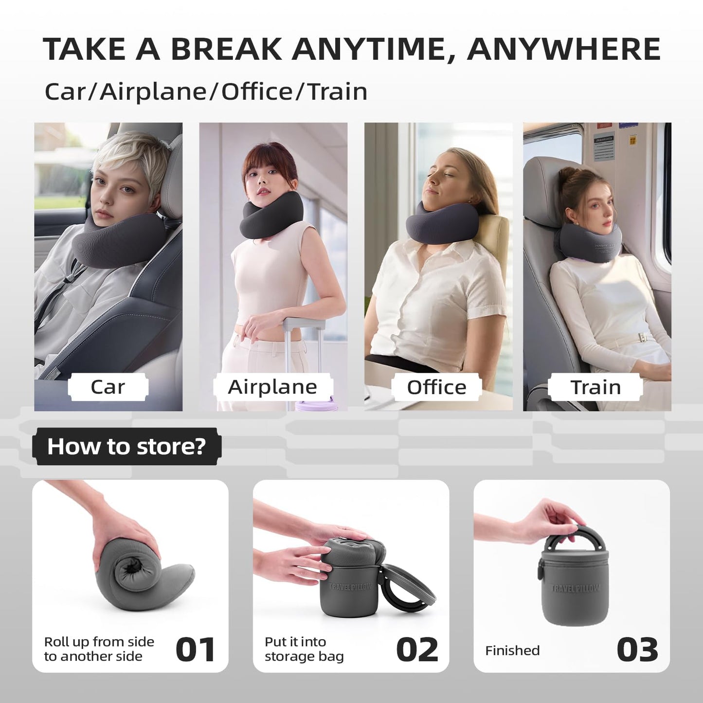 EVERY THINK Travel Pillow - Memory Foam Neck Pillow Airplane, Neck Travel Airplane Pillow for Long Flight, Portable Travel Essentials, 360º Ergonomic Support, Machine Washable (Black)