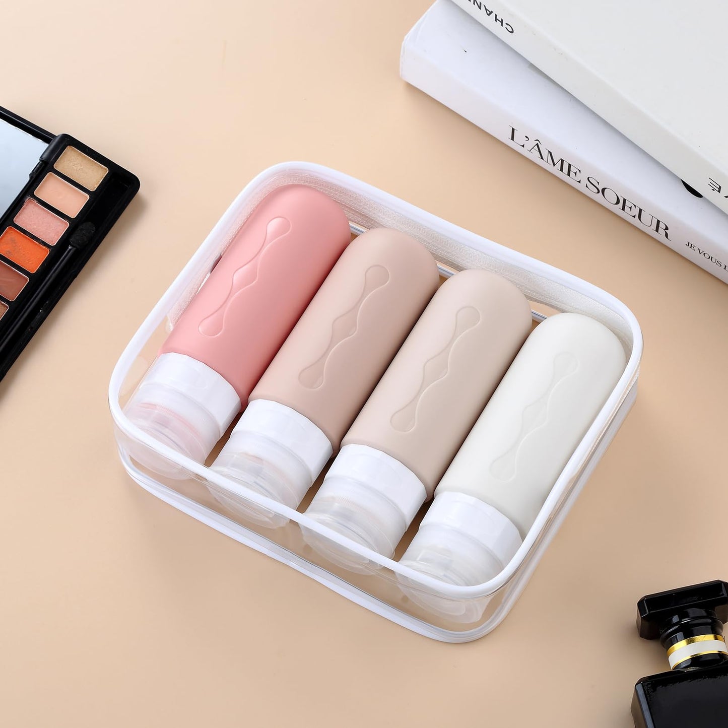 Gemice Travel Bottles for Toiletries, Tsa Approved Travel 3oz Size Containers with Clear Bag, BPA Free Leak Proof Travel Tubs Refillable Liquid Travel Accessories for Cometic Shampoo Lotion (4 Pack)