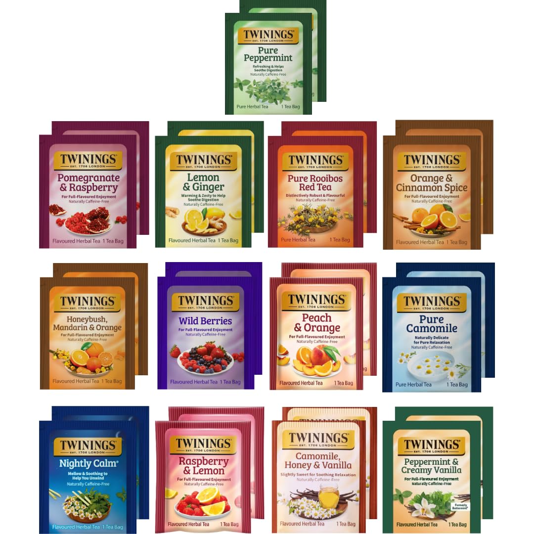 Twinings Herbal Tea Variety Pack - 26 Individually Wrapped Herbal Tea Bags Variety Pack Sampler, 13 Flavors, Caffeine Free (1 Count (Pack of 26))