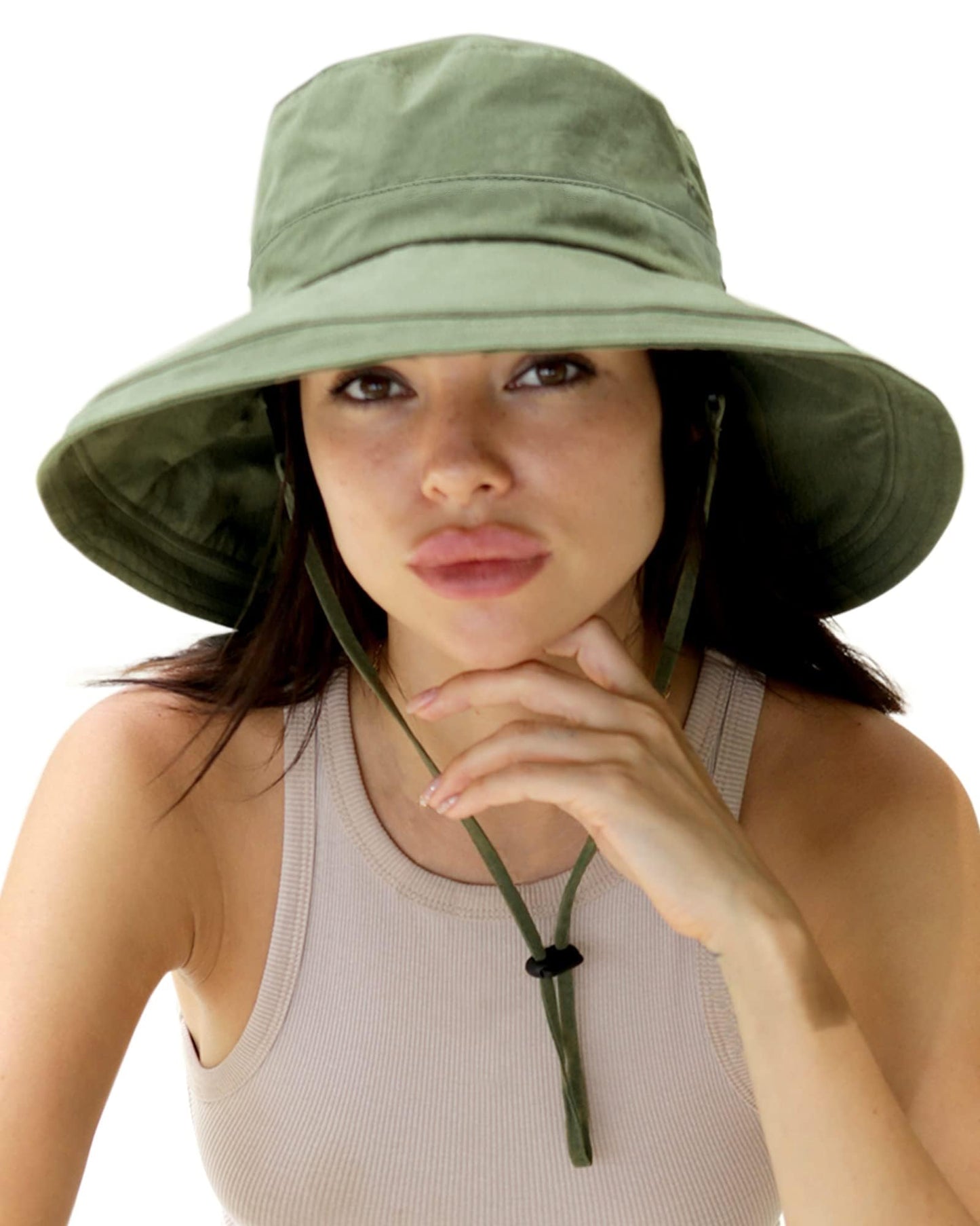 Sun Hats for Women Gardening Hat Wide Brim Ponytail Beach Sun Protection Breathable Cotton Summer Hat with Fold-Up Brim Green