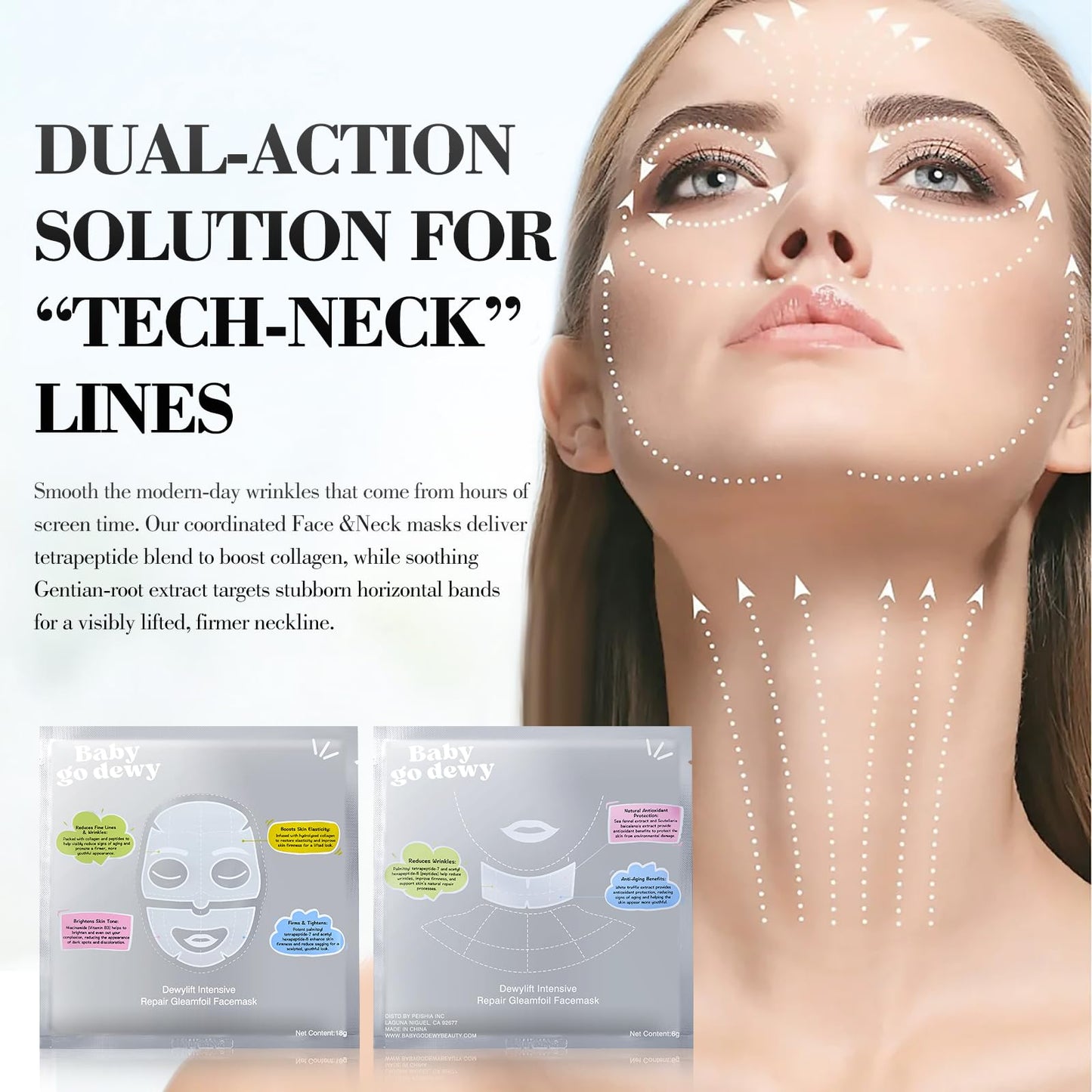 Baby Go Dewy Bio-Collagen‑Peptide Face Mask Sheets – Gleam Foil Intensive Overnight Hydrate Face & Neck Masks for Moisturizing, Firming & Lifting Care – 8 Count(4 Face Masks + 4 Neck Masks)