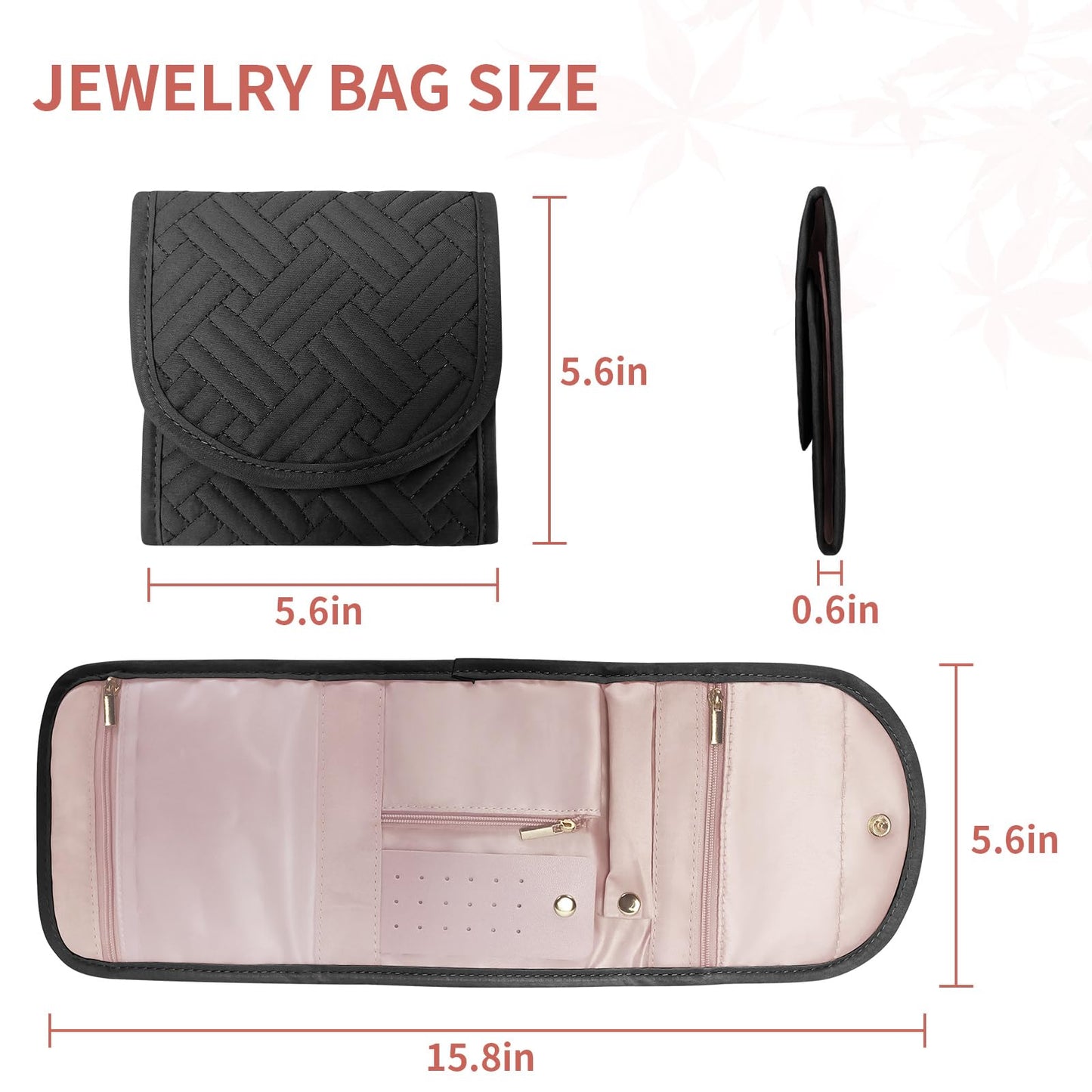SUNRISING Travel Jewelry Organizer Case for Women, Foldable Jewelry Roll Pouch Bag with Portable Design for Journey Rings, Necklaces, Earrings, Bracelets, Mini - Black