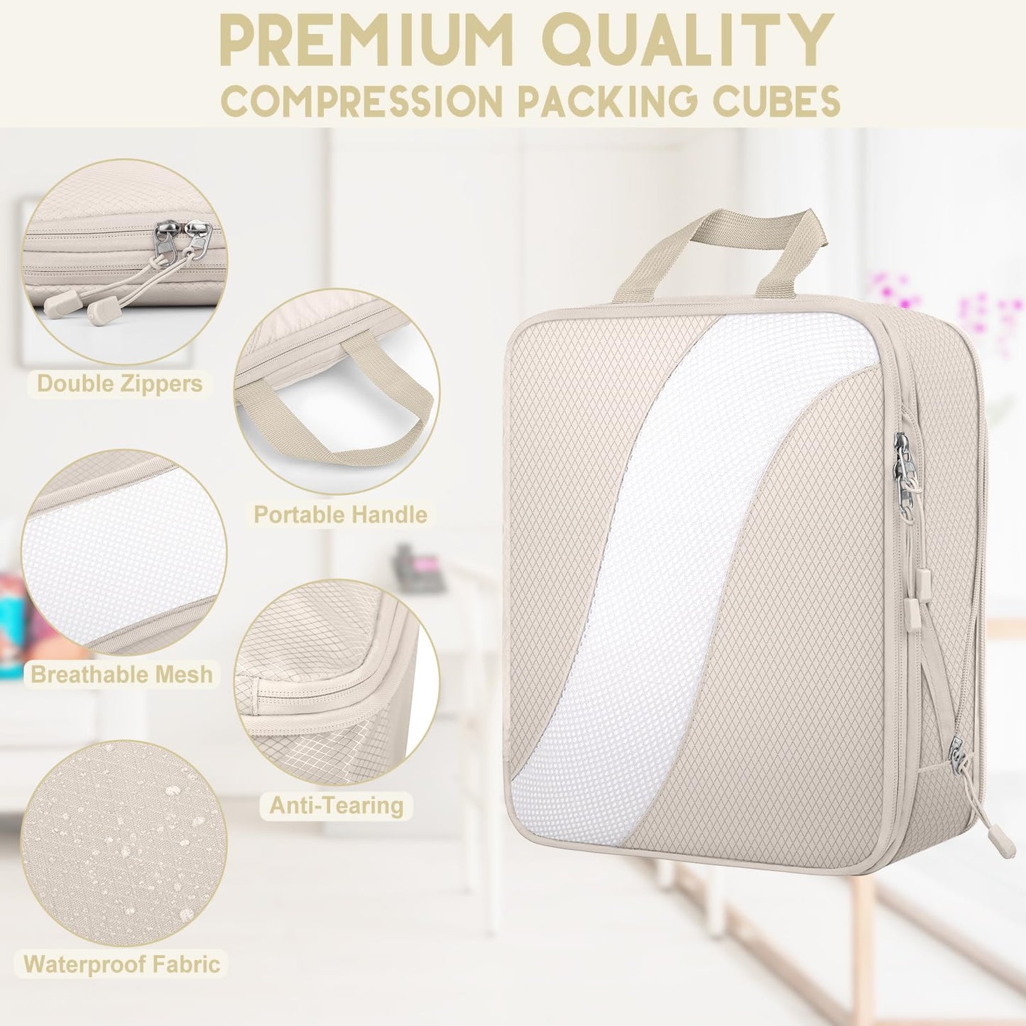 8 Set Compression Packing Cubes Travel, Expandable Travel Cubes for Carry on Luggage, Suitcase Organizer Compression Bags for Travel Essentials, Beige