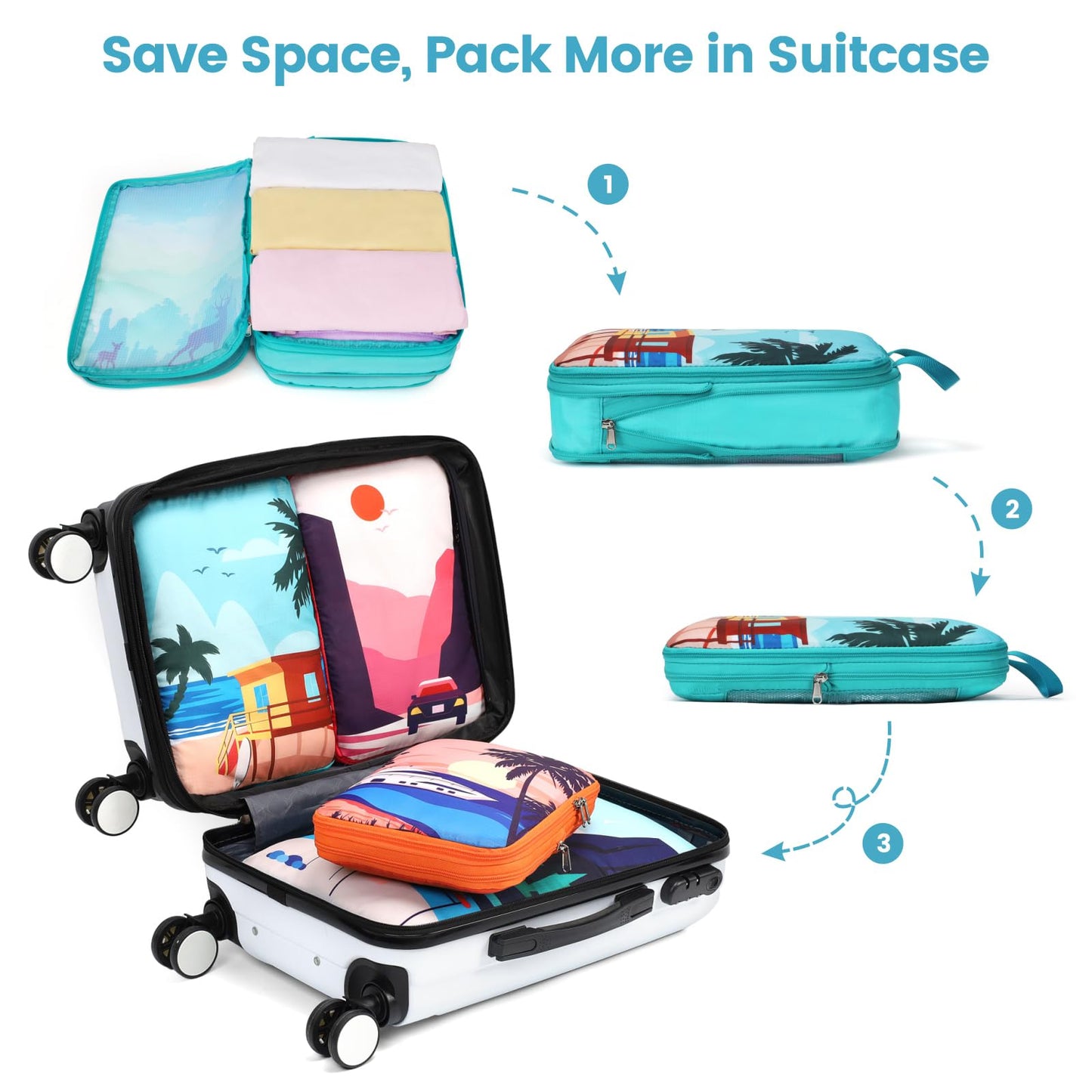 Cambond See Through Mesh Compression Packing Cubes for Travel Women - 4 Set Compression Cubes for Travel, Lightweight Expandable Packing Organizers for Luggage Suitcases, Tourist Landscape