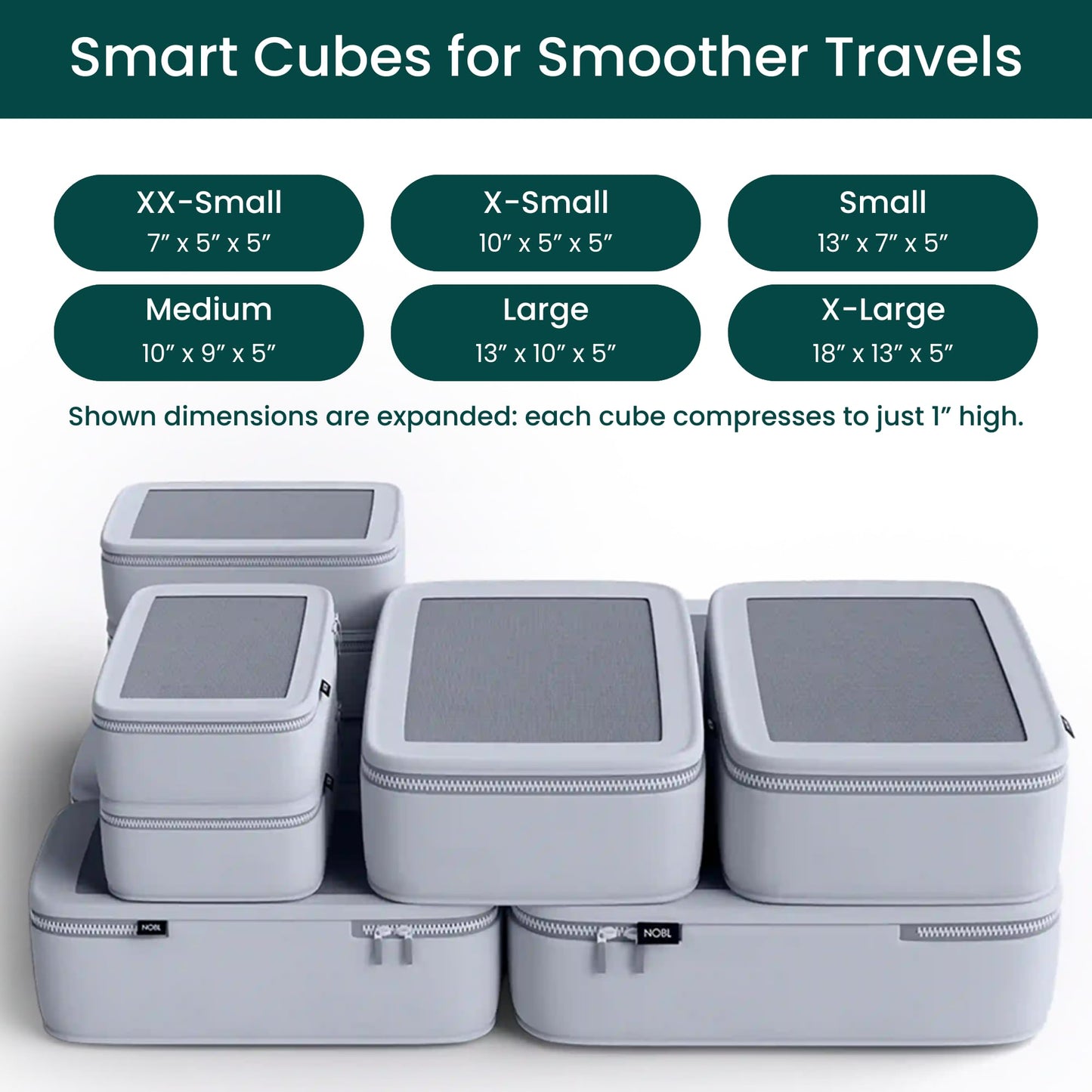 Nobl Travel Compressible Packing Cubes Set, 6 Pieces Travel Packing Organizers, Compression Luggage Cubes for Suitcases & Carry On, Space Saving (XXS, XS, S, M, L, XL) - Cloud