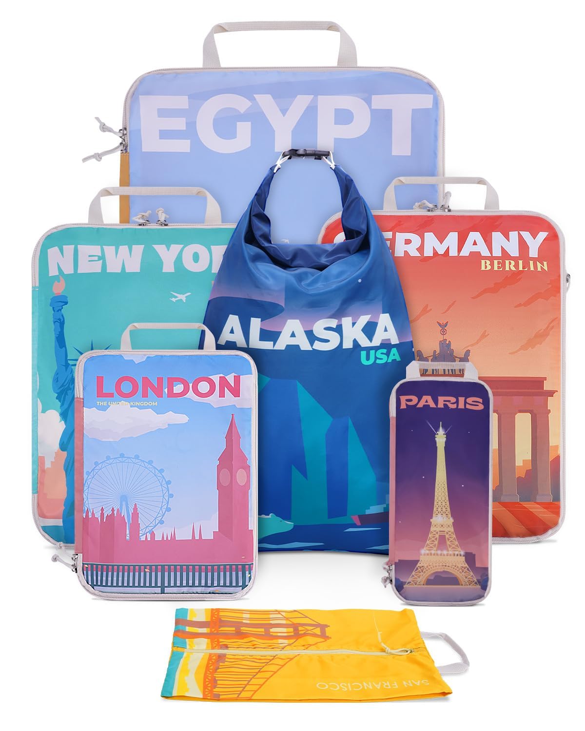 Ceneda 7 Set Compression Packing Cubes for Travel, Expandable Luggage Organizer with Shoe & Laundry Bags, Lightweight Suitcase Packing Cubes for Women & Family, Carry-On, Cruise, Vacation (City Print)