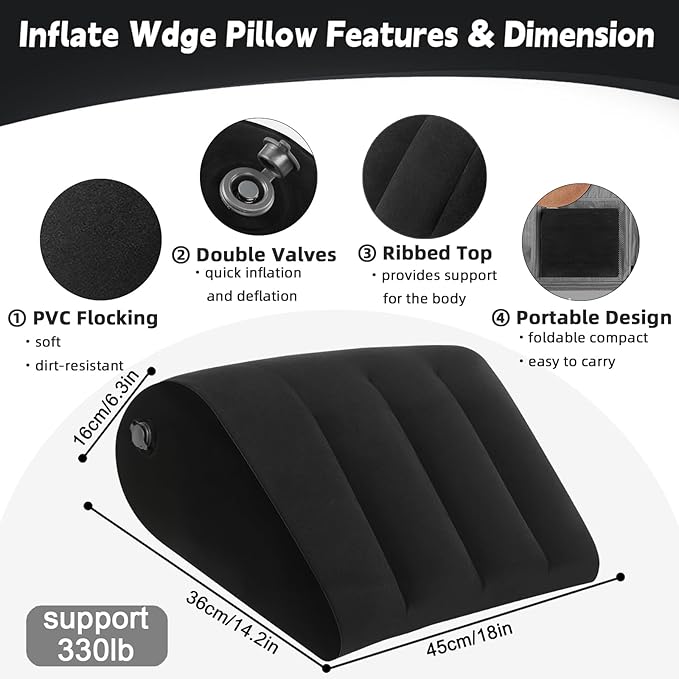 TheClover Travel Wedge Pillow for Sleeping โ Inflatable Bed Wedge for Camping, Airplane & Outdoor Trips, Compact Support Cushion for Comfortable Rest & Sleep Aid (Black)