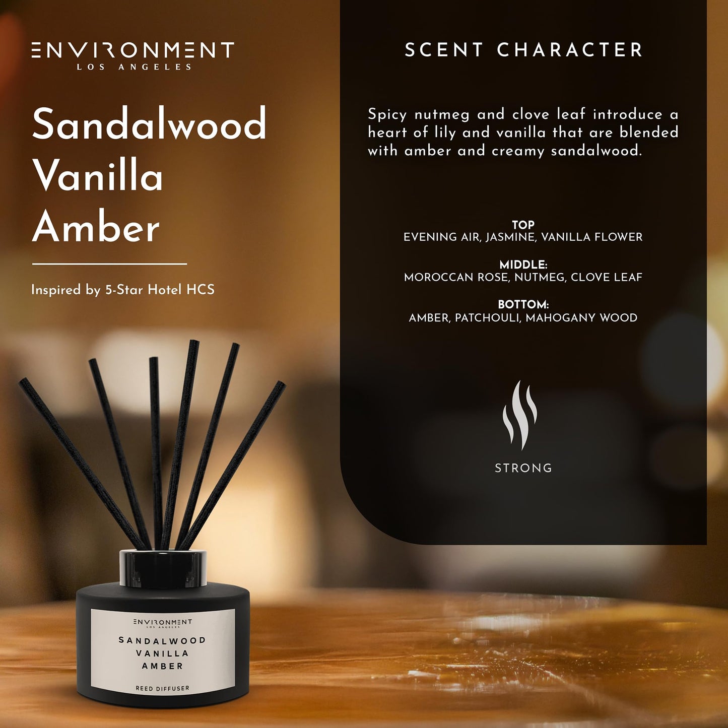 Environment Inspired by 5-Star Hotels HCS Reed Diffuser, 200ml Luxury Scented Aromatherapy (Sandalwood | Vanilla | Amber) Reed Diffusers for Home, Diffusing Oil Fragrance, Home Fragrance Products