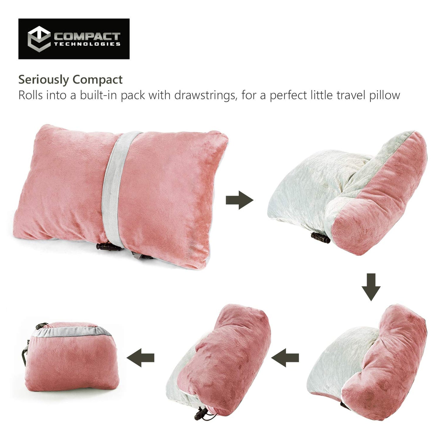 Compact Travel Pillow Made with Shredded Memory Foam and Super Soft Fleece Fabric for Ultimate Comfort in Travel. Patented Design Rolls and Compacts Small for Travel. (Pink)