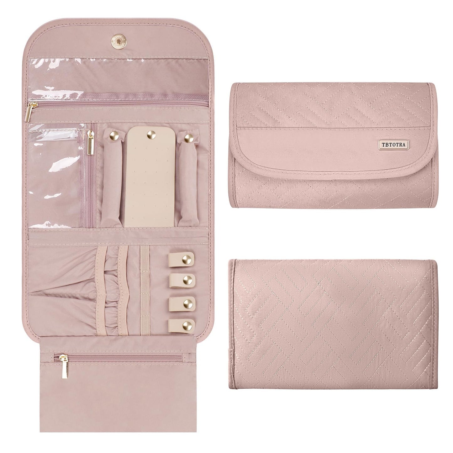 TBTOTRA Travel Jewelry Organizer Box, Foldable Travel Case for Earrings, Necklaces, Rings, Bracelets, Pink