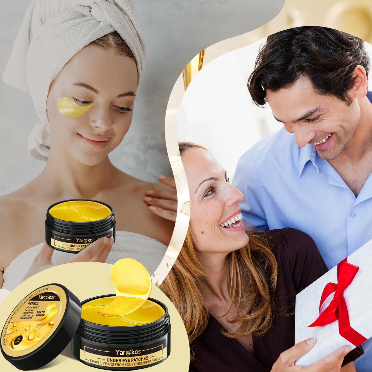 Yargkos 24K Gold Eye Mask 60Pcs, 5 Portable Golden Collagen Under Eye Patches, 30 Pairs Women Men Hydrating Undereye Gel Pads for Dark Circles Puffy Eyes Puffiness Wrinkle Eye Bag Treatment
