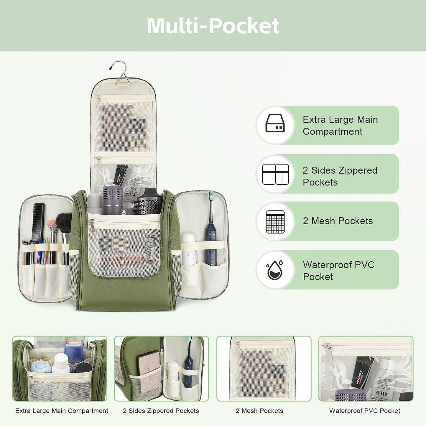 MULISOFT Travel Toiletry Bag for Women & Man, Extra Large Toiletry Bag, Portable Hanging Toiletries Bag, Water Resistant Dopp Kit for Toiletries, Cosmetics, Big Comparment Travel Makeup Bag, Green