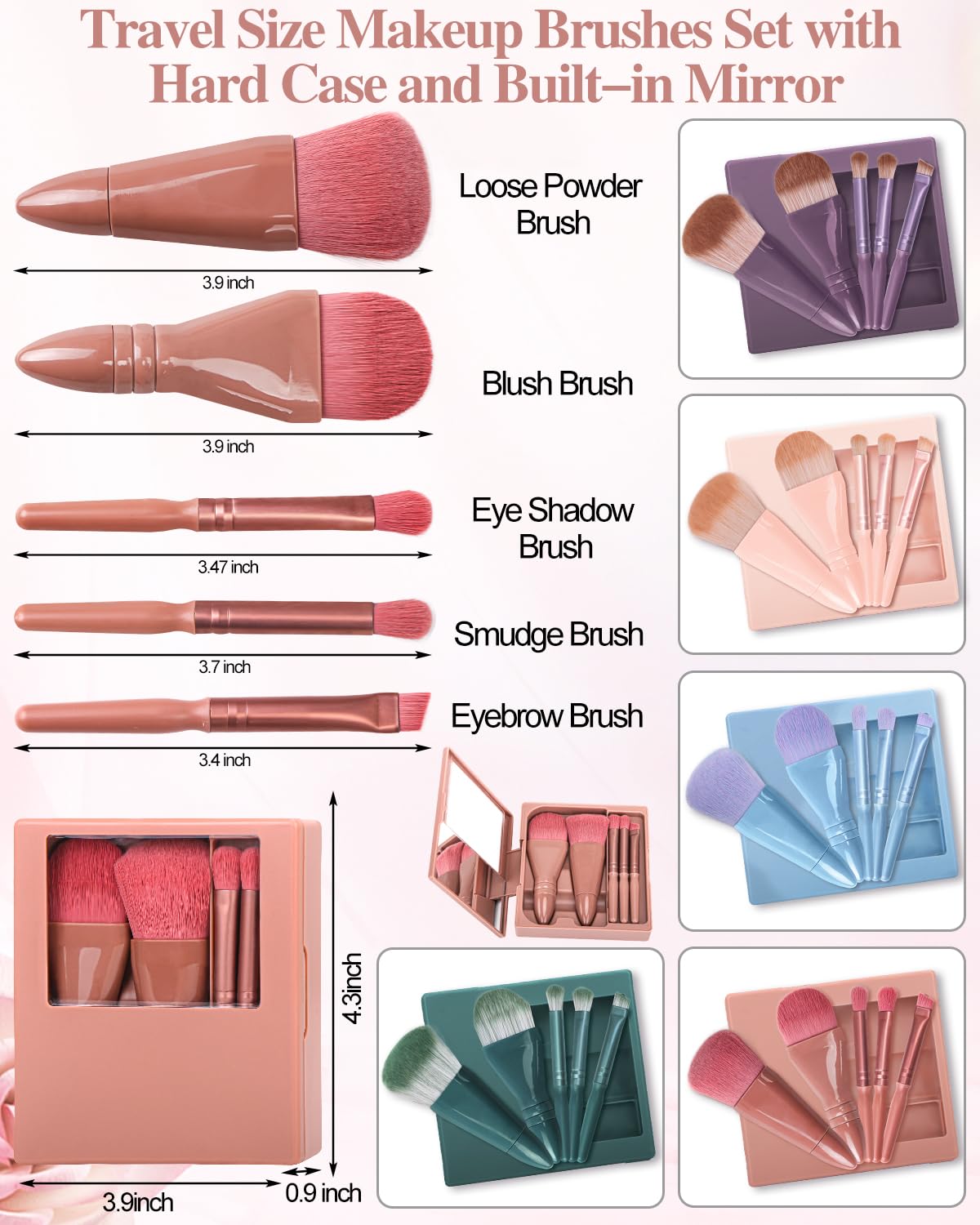 PGRODE Travel Size Makeup Brushes Mini Set with Hard Case and Built-in Mirror, 5Pcs Small Cosmetic Brushes, On the Go Brush Travel Essentials kits for Women, Girls Gift (Dark Purple)