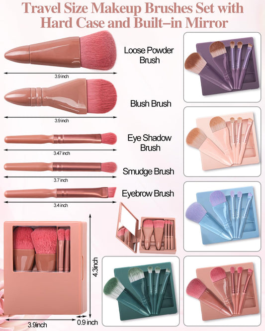 PGRODE Travel Size Makeup Brushes Mini Set with Hard Case and Built-in Mirror, 5Pcs Small Cosmetic Brushes, On the Go Brush Travel Essentials kits for Women, Girls Gift (Dark Purple)