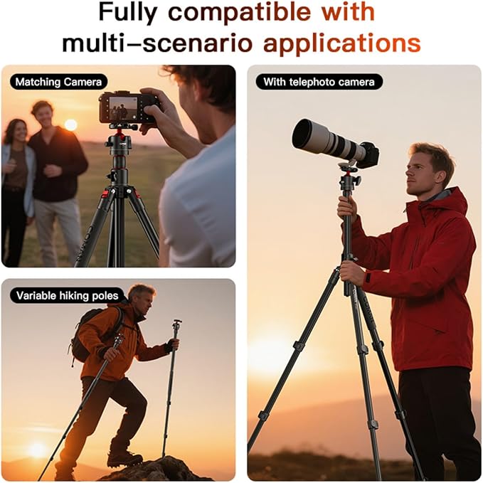 COMAN 72" Overhead Tripod, Camera Tripod with Center Column and 360 Degree Ball Head, Detachable Monopod with Arca QR Plate, Horizontal Tripod for Camera, DSLR, Max Load 5KG