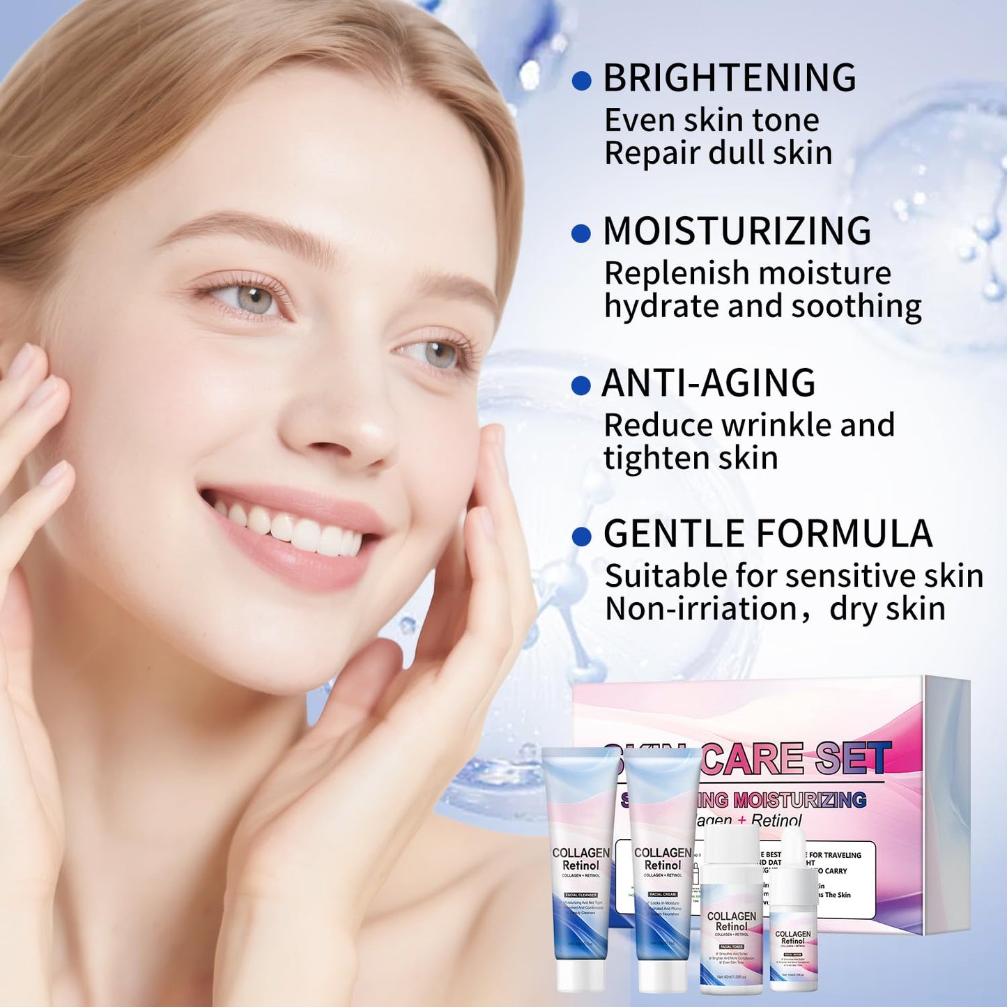 Skin Care Set, Collagen Retinol Rejuvenating Kit, Mini Travel Essentials, Travel Size Skin Set with Facial Cleanser, Toner, Serum, Cream, Lightweight, Hydrating, Travel-Friendly Skincare Set