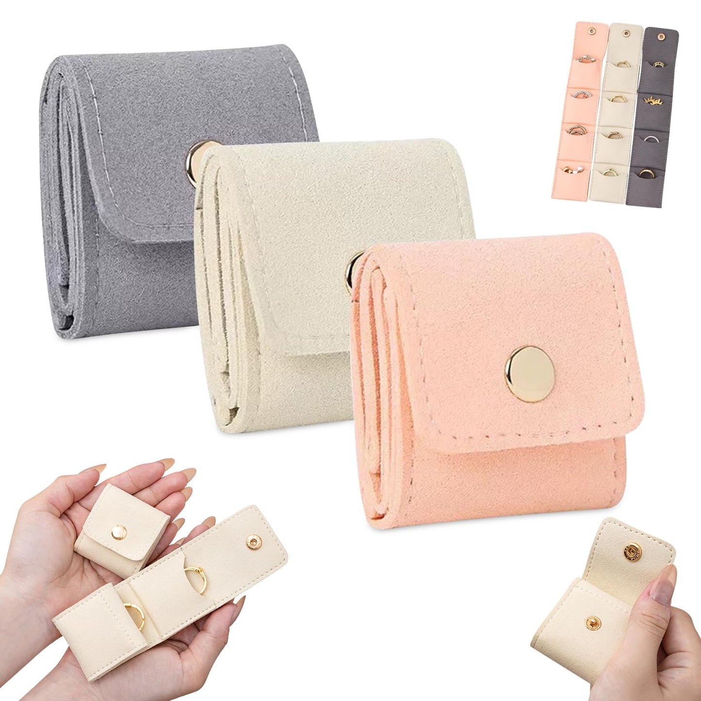 icegglof Mini Travel Jewelry Organizer Bag Set, Mini Roll Case with Buckle, Portable Foldable Storage Box for Earrings, Rings, Necklaces, 3pcs