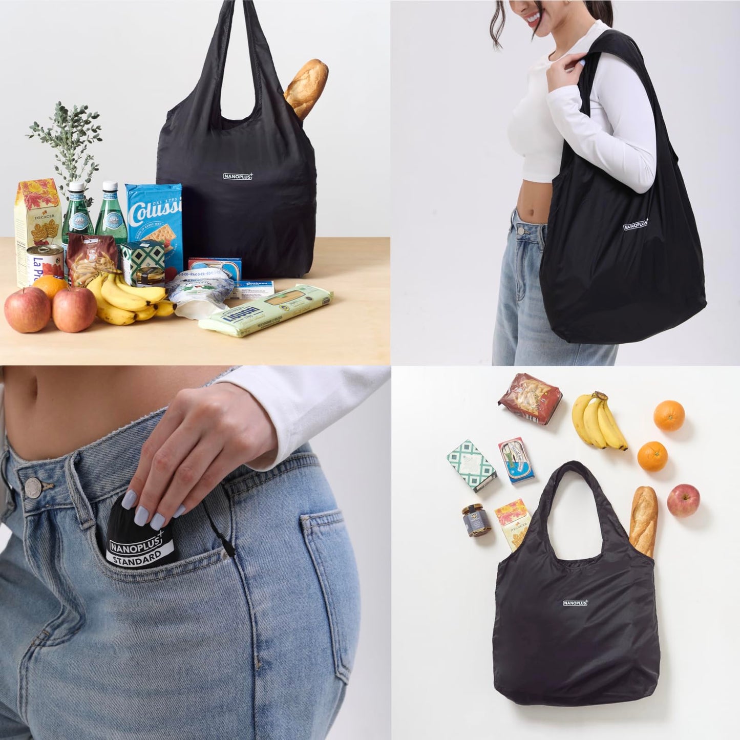 NANOPLUS Compact Reusable Grocery 30L Tote Bag – Lightweight, Foldable & Packable Shopping Bag for Travel, Daily Errands, and Outdoor Use – Collapsible, Washable (Black)