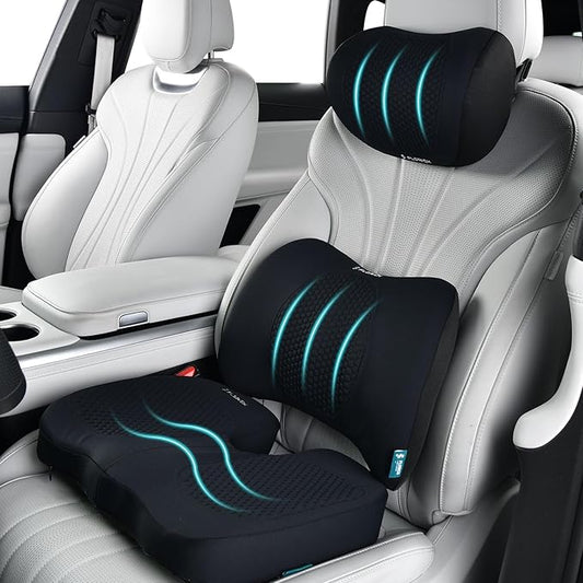 FLORICH 3 PCS Seat Cushion for Carseat Lumbar Support Pillow Car Neck Headrest Pillows Memory Foam Seat Pads Pressure Relief Back Cushion for Office Chair(Black)