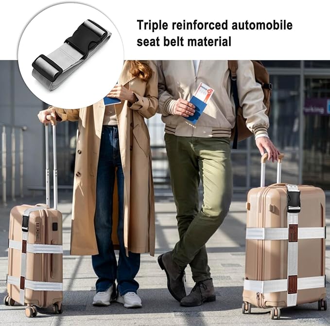 3-in-1 Luggage Straps, Luggage Belt Strap, Luggage Straps for Suitcases TSA Approved,Suitcase Belt Strap Bag Straps for Luggage Wraps and Buckle Straps (White 3-1)