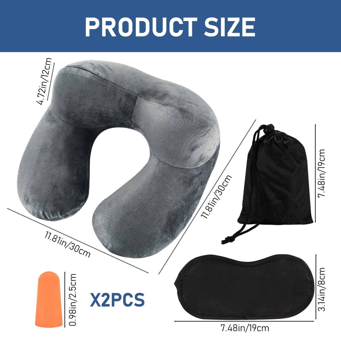 1 PcsInflatable Travel Pillows for Sleeping Airplane Inflatable Neck Pillow for Traveling Pillow Inflatable Travel Neck Pillows for Airplanes Sleeping, Train, Car, Office, with Eye Masks, Earplugs