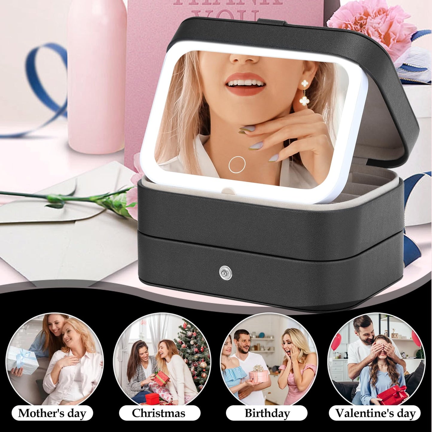 KJroom Travel Jewelry Case with LED Lighted Mirror, Portable Travel Jewelry Organizer, 2-Layer Jewelry Box for Earrings Necklace Bracelet Rings, Birthday Gifts for Women Girls Kids (Black)