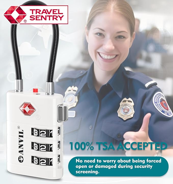 ANVIL TSA Approved Luggage Locks – High Security TSA008 Combination Travel Locks with Inspection Indicator for Suitcases and Backpacks. (2, White)