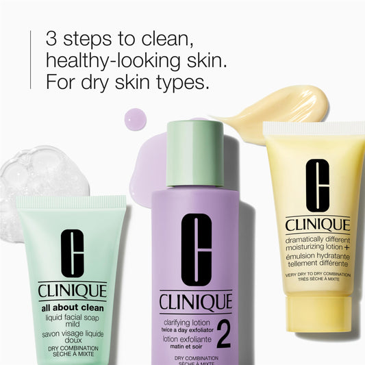 Clinique 3-Step Refresher Course Skincare Gift Set For Dry Combination Skin Types | Face Soap, Clarifying Lotion + Dramatically Different Lotion | Includes 3 Travel Sizes