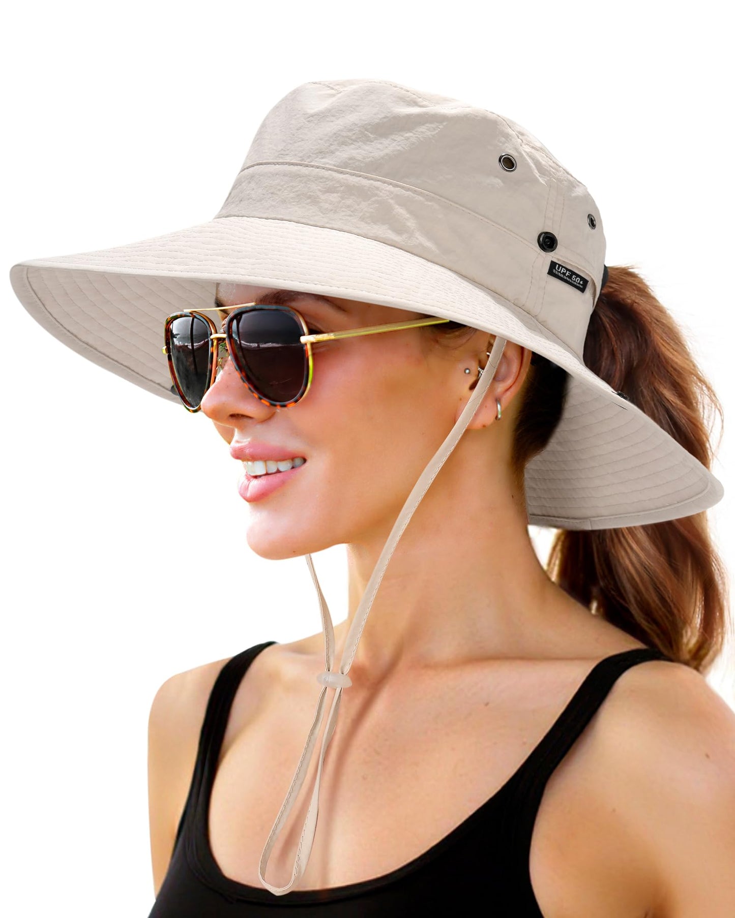 FURTALK Sun Hats for Women with Ponytail Hole Wide Brim Beach Bucket Hat UPF 50+ Fishing Hiking Outdoor Hats Beige
