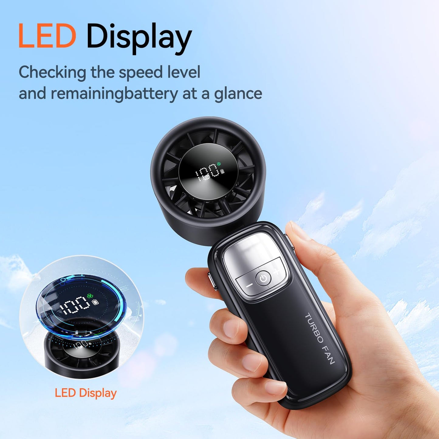 KIMMOO 3-in-1 Portable Handheld Turbo Fan-100 Speeds, 15000 RPM, 10Hrs Cooling, LED Display, 90° Rotation, USB Rechargeable Battery Powered, Mini Foldable Hand Held Personal Fan for Women Men (Black)