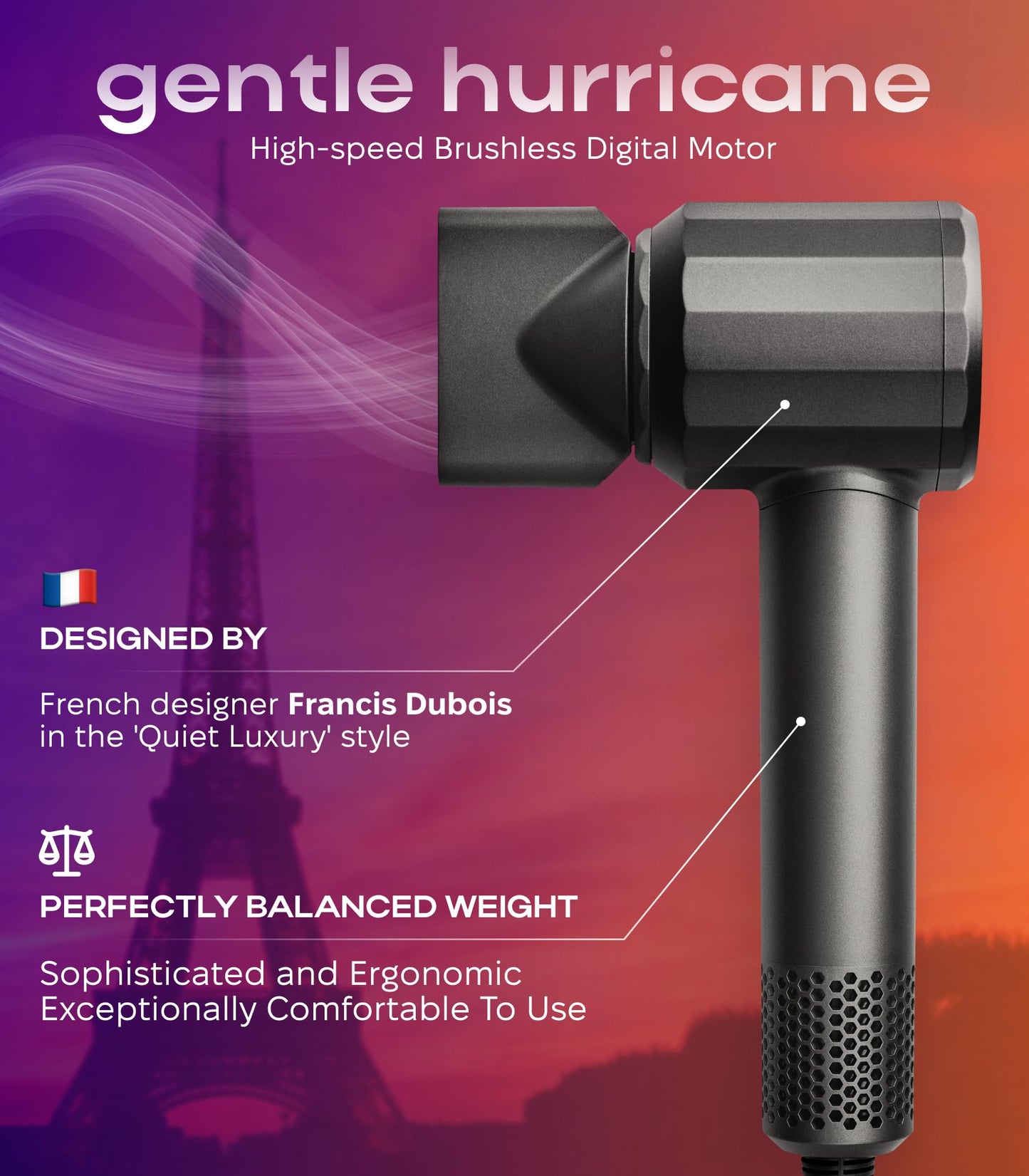 BIZOND Ionic Hair Dryer Premium Quality, High-Speed Professional Brushless Motor 110,000 RPM, 1600W Power, 9 ft Long Cord and Magnetic Nozzle, Lightweight Blow Dryer, Ultra Quiet Fast Drying (Gray)