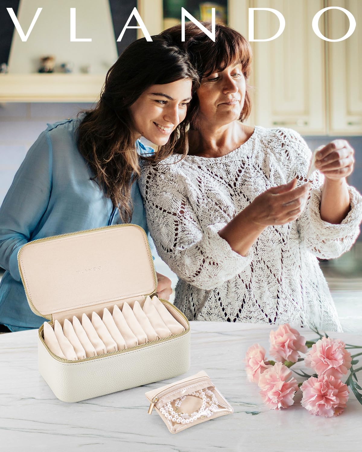 Vlando Travel Jewelry Case,Jewelry Box with 12 Velvet Jewelry Pouch Jewelry Travel Organizer for Women Girl Jewelry Case Necklace Rings Earrings Bags Wedding Gifts (White)