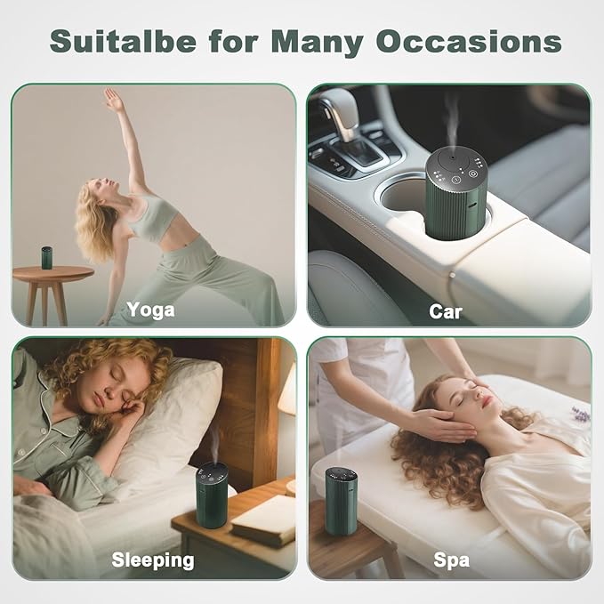 Waterless Essential Oil Diffuser with 4 Timer (1/3/6H & Off) & 3 Mist(L/M/H), Air Scent Diffuser for Home Car Office, Rechargeable Aromatherapy Diffuser, Portable Mini Aroma Diffuser, Dark Green