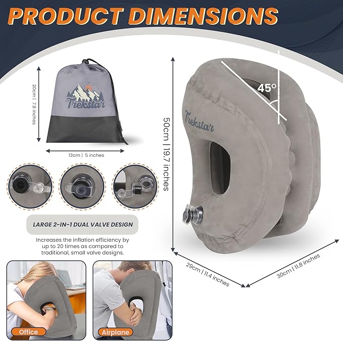 Trekstar Inflatable Travel Neck Pillow in Drawstring Bag | Ergonomic Design | Supports Head, Back, and Neck Pain | Sleeping Cushion in Airplane/Buses/Office/Cars/Trains with Eye Mask, Earplugs