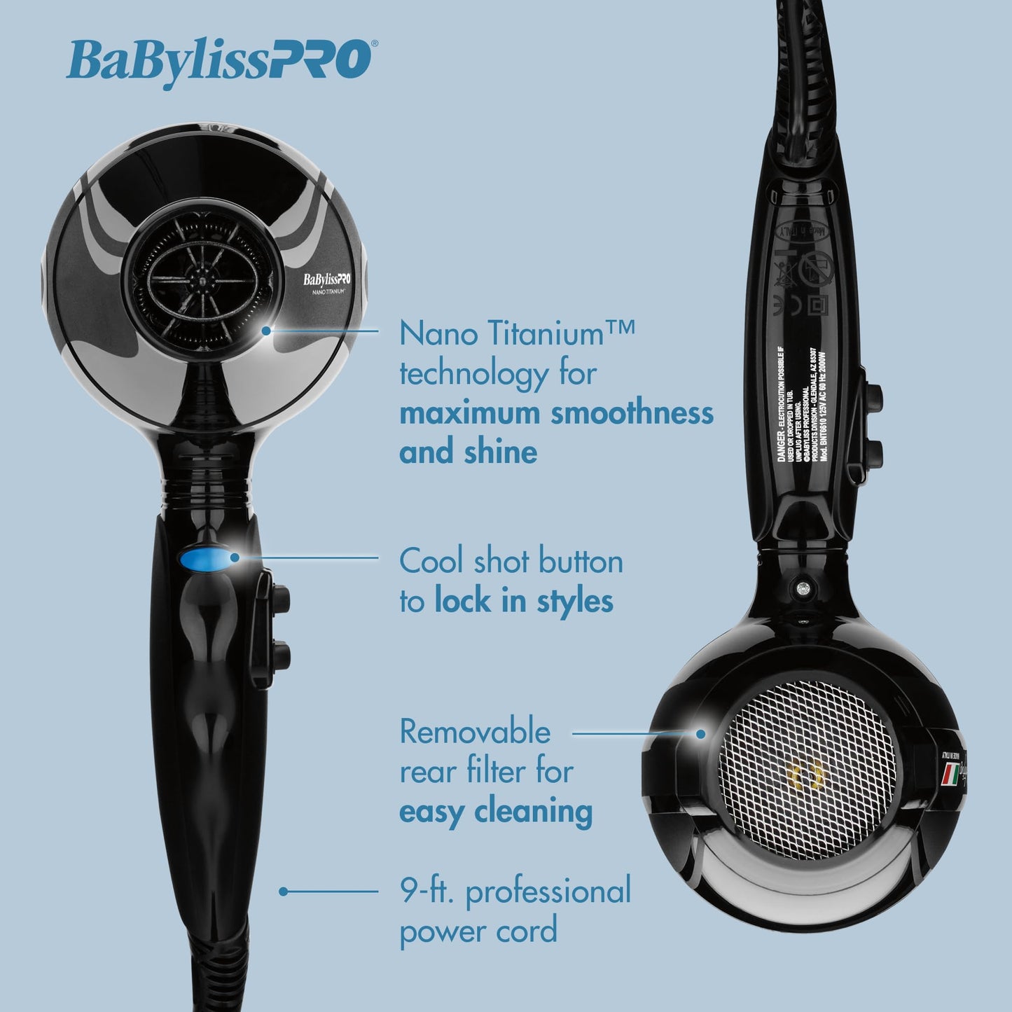 BaBylissPRO Hair Dryer, Nano Titanium Portofino 2000-Watt Blow Dryer, Hair Styling & Appliances, Black, BPOR1