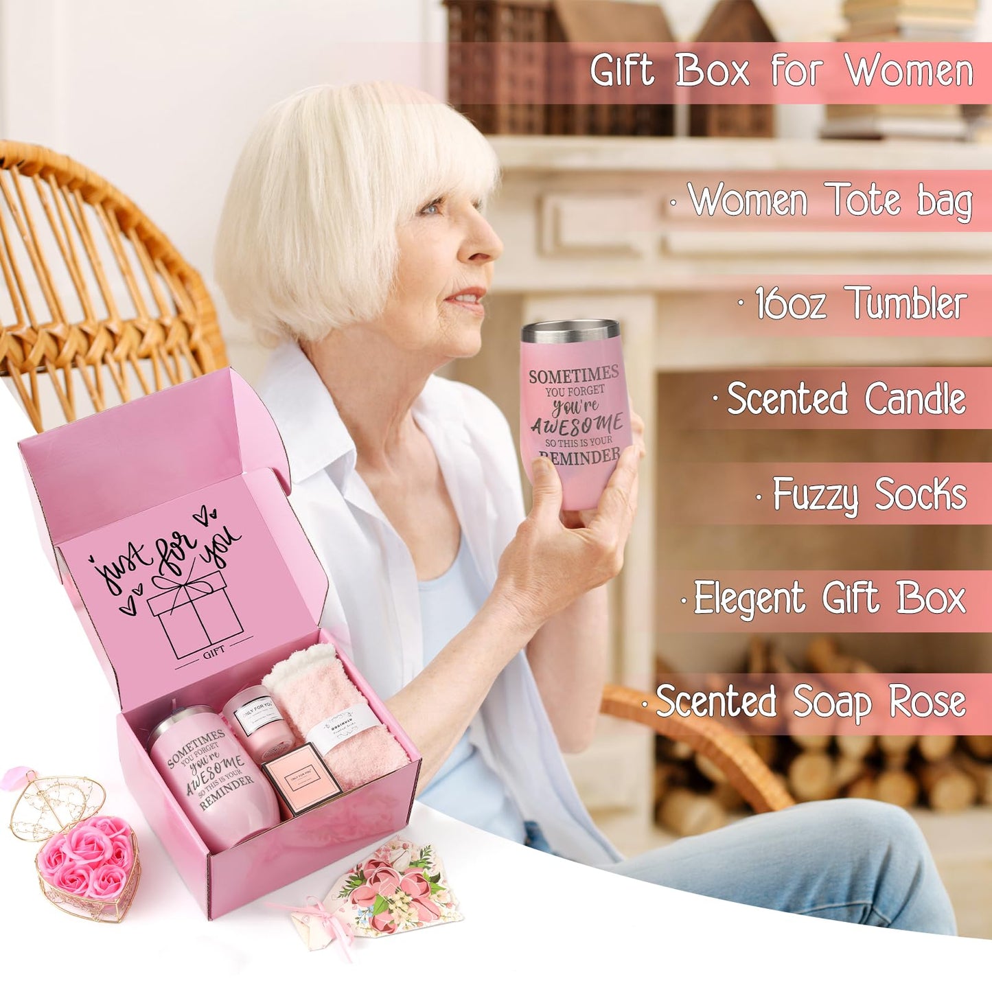 Gifts Baskets for Women, Birthday Baskets for Mom, Sister, Her, Employee, Wife, Thanksgiving Day, Christmas Gifts for Women, Care Package, Gift Sets with Canvas Tote Bag Sock Tumbler Soap Flower