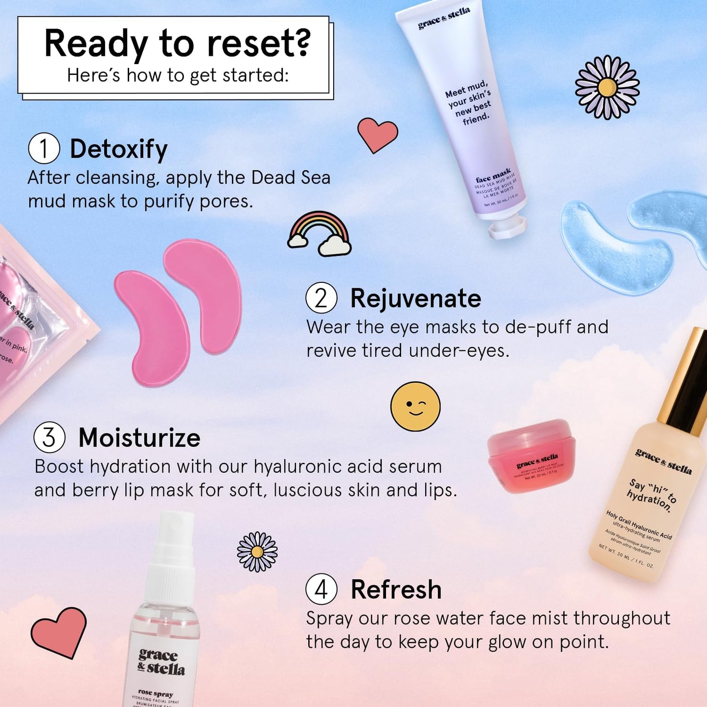 grace & stella Award Winning Skin Care Set - Gifts for Women - Travel Size Toiletries with Eye Masks, Hyaluronic Acid Serum, Lip Balm & More - Bridesmaids, Birthdays, Teen Girl Gifts - Vegan Self Care