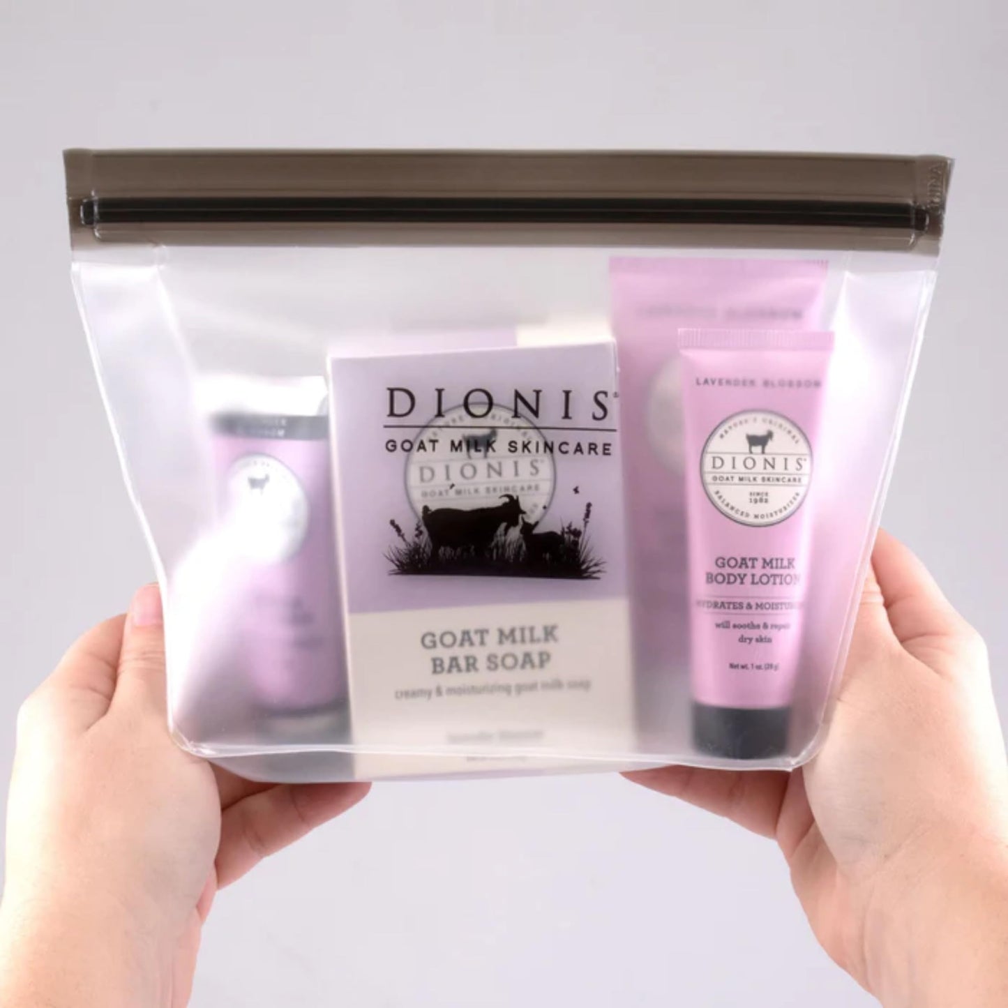 Dionis Goat Milk Skincare Lavender Blossom 6 Pc Self Care Essentials Travel Set - Bar Soap, Shave Butter, Hand Cream, Body Lotion & Whipped Sugar Body Scrub In Resealable Leak Resistant Carrying Case