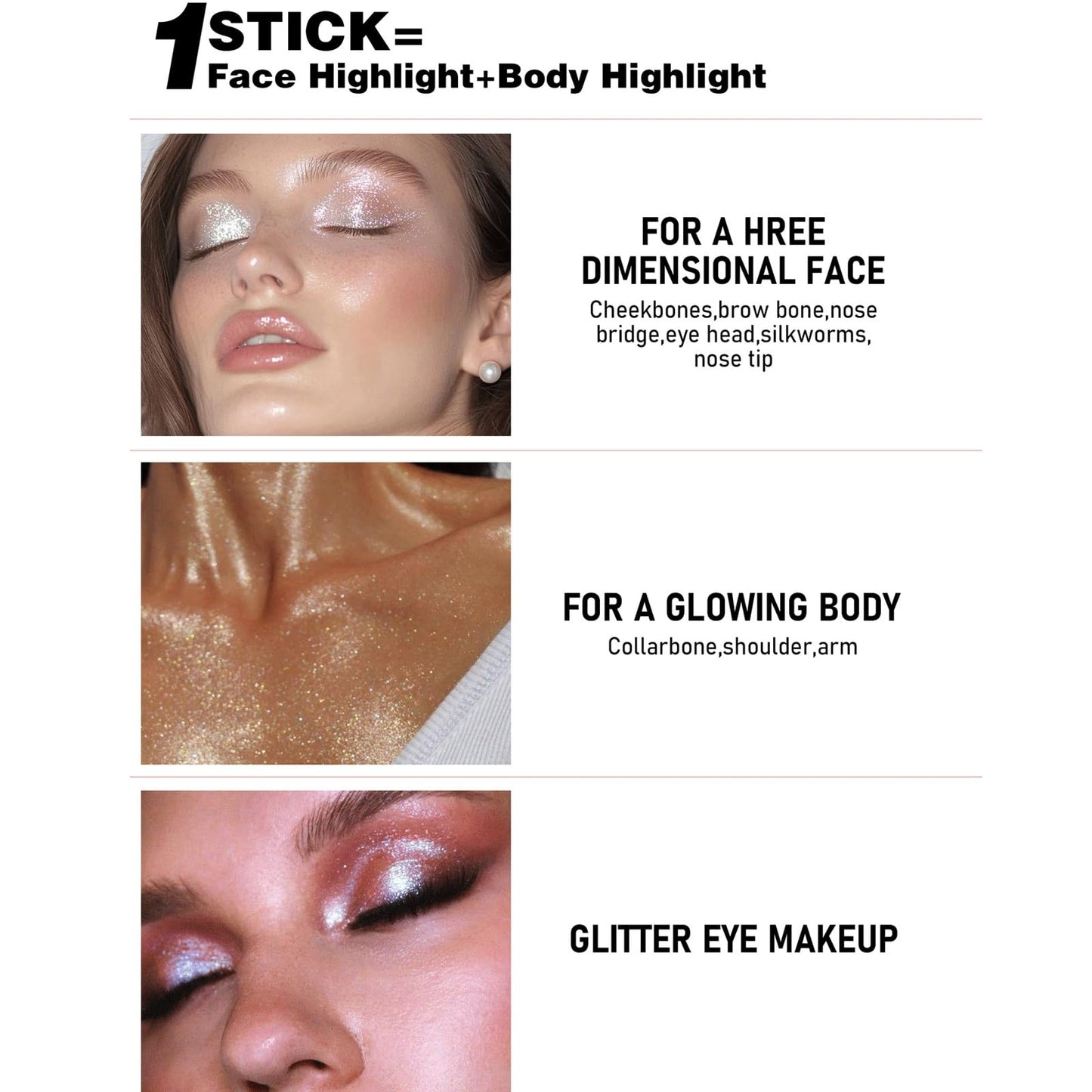 SWETIYOU Crystal Jelly Glaze Stick 3 in 1 Cream Highlighter Eye Shadow Stick Shimmer Lip Balm, Easy Blend & Long Lasting, For Face and Body(02)