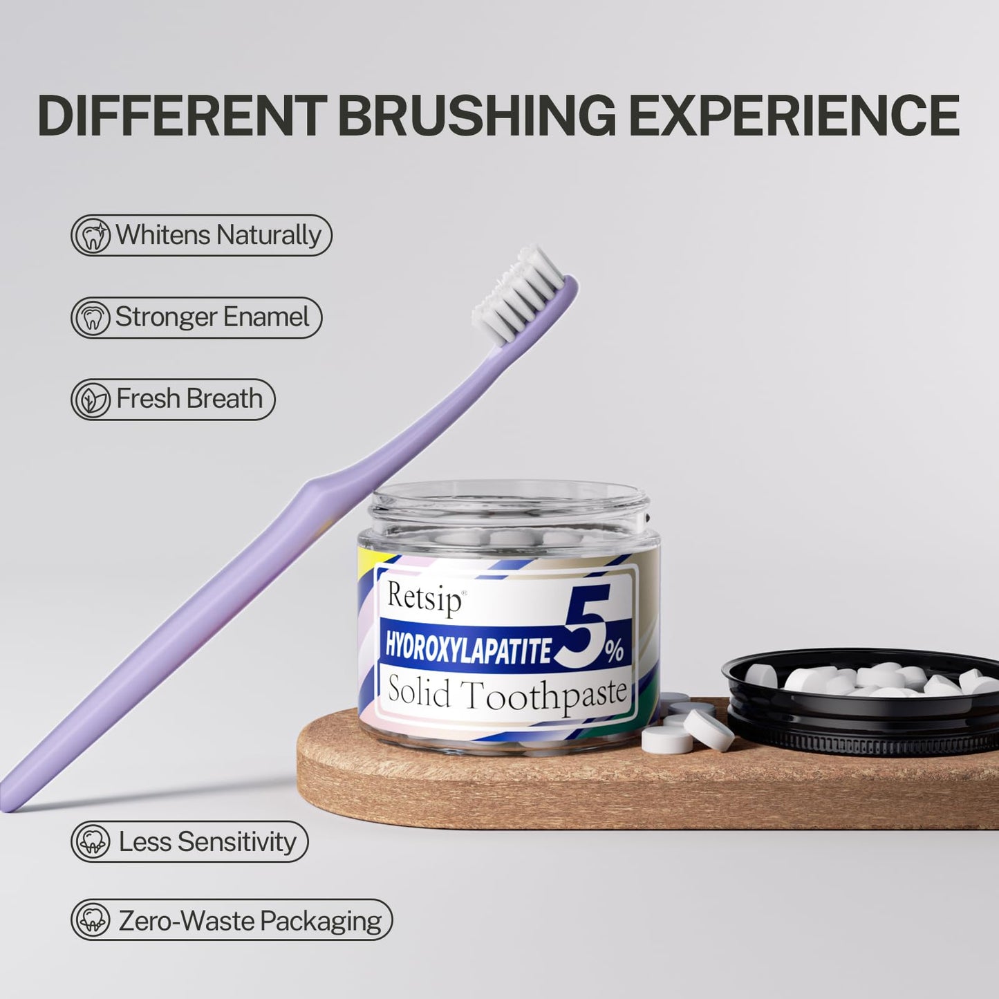 Retsip Toothpaste Tablets - 5% Nano Hydroxyapatite, Fluoride Free, Travel Friendly, Eco &Plastic Free, Remineralize & Whitening - 62pcs