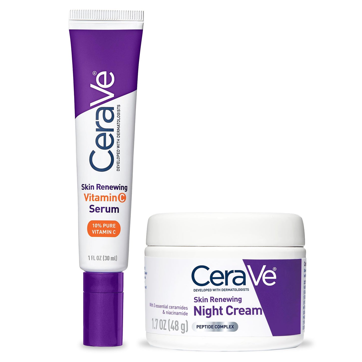 CeraVe Vitamin C Serum and Night Cream Skin Care Set, Brightening Serum with 10% Pure Vitamin C & Night Moisturizer with Peptides + Hyaluronic Acid, Travel Essentials, 1oz Vit C + 1.7oz Moisturizer