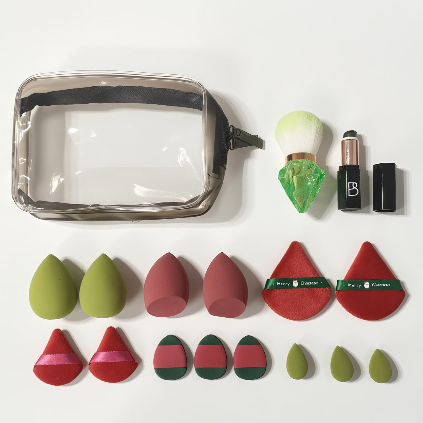 BS-MALL 14 Pcs Portable Makeup Sponge Set With Diamond-shaped Kabuki Powder Brush - Beauty Blender Sponge, Triangle Puff And Multi-functional Sponges For Liquid, Cream,With Travel Case (Green Red)
