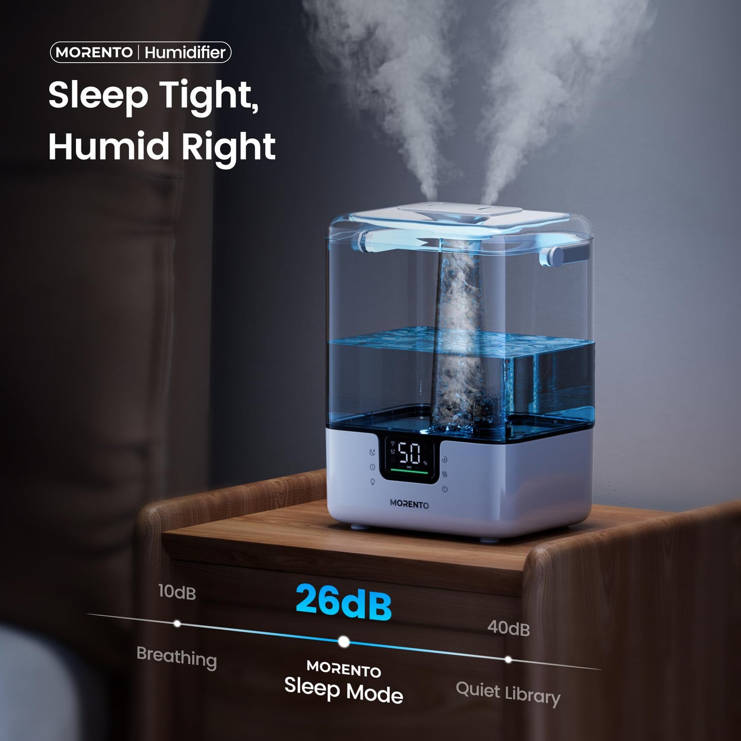 MERONTE Smart Humidifiers for Bedroom Large Room Home, 6L Cool Mist Top Fill Humidifier with Essential Oil Diffuser, Smart App & Voice Control, for Nursery & Plants, White, 1 Pack + 7 Color NightLight
