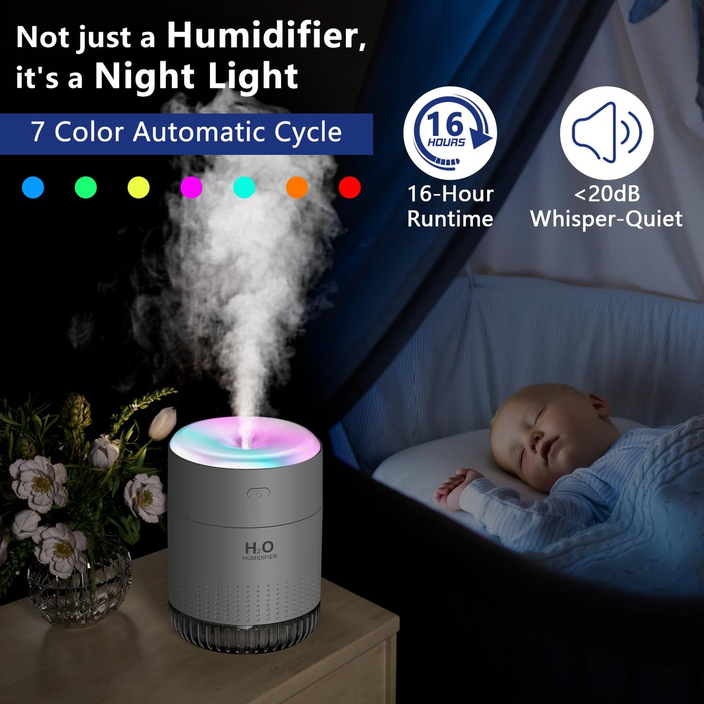 Colorful Mini Humidifier, USB Rechargeable Humidifier, small humidifier, 4 Modes Super Quiet, Humidifiers For Bedroom,Suitable For Travel Office Family Baby Bedroom-Grey