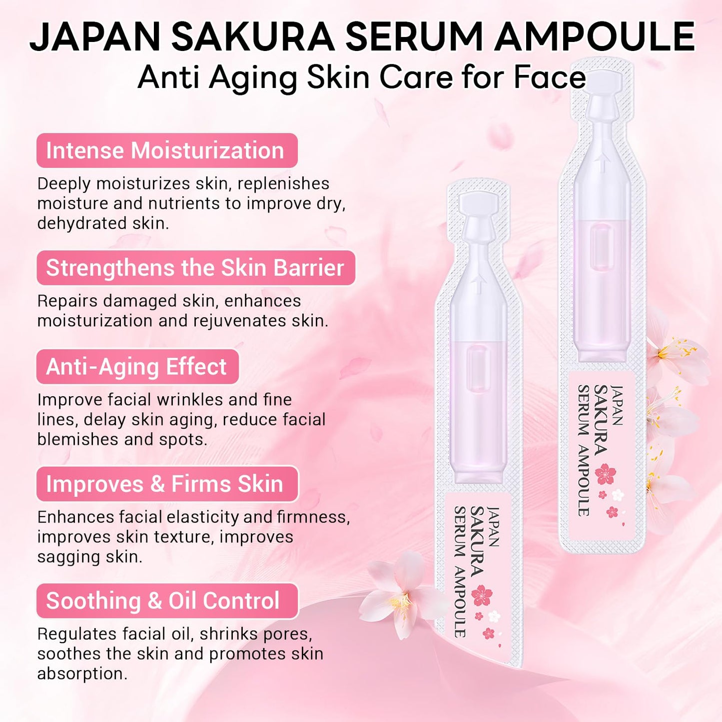 Japan Sakura Serum Ampoule, Intensive Hydration & Soothing Skin, Cherry Blossom Essence Ampoules for Face, Sakura Extract + Vitamin C, Smooth Fine Lines, Moisturizing Skin Care, 2 Boxes of 20 Ampoules