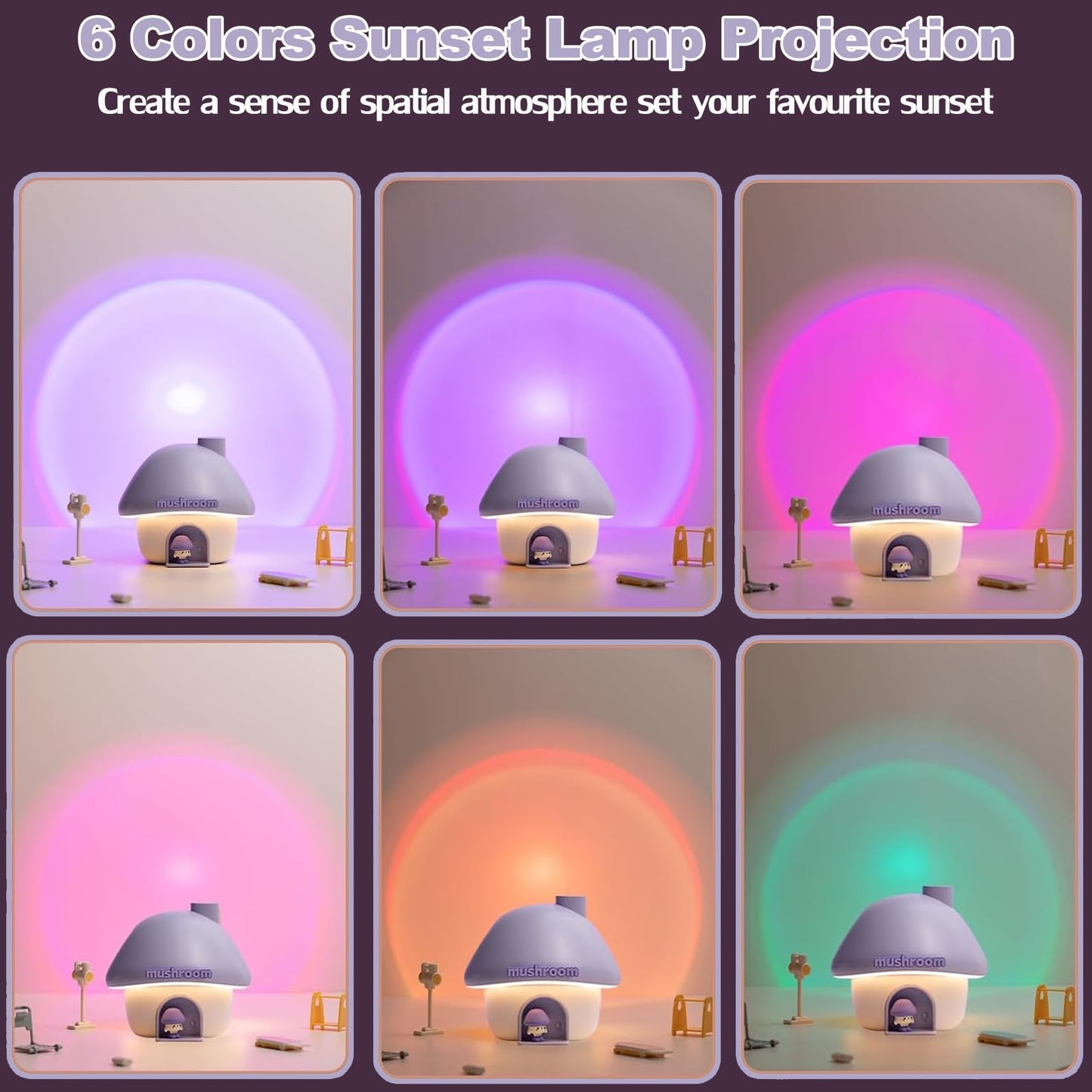 Humidifier for Bedroom, 300ML Cute Mushroom Humidifier with Night Light & 6 Colors Sunset Lamp Projection, Rechargeable Cool Mist Small Humidifier, Mini Humidifier Gifts for Kids Boys Girls (Purple)