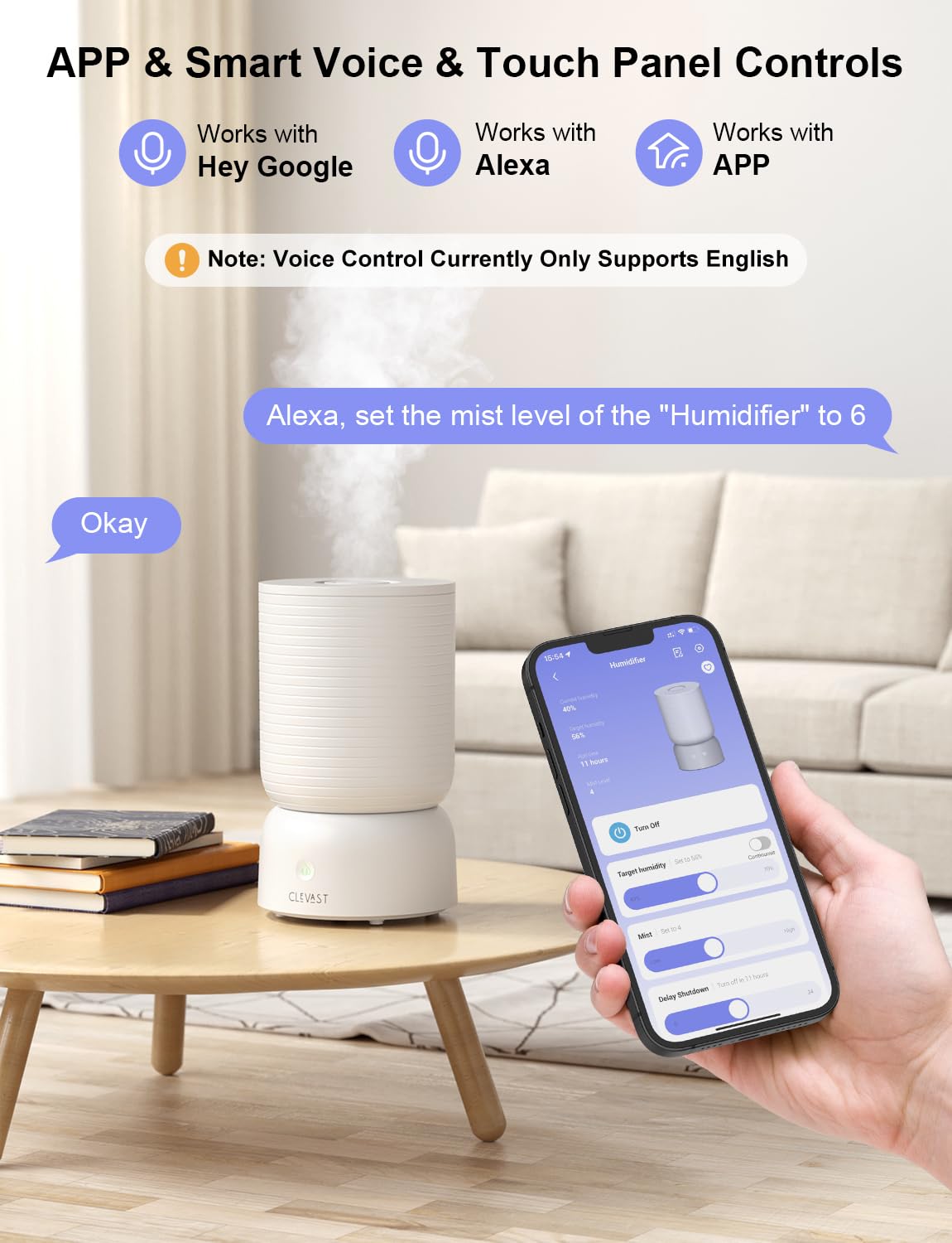 CLEVAST Smart Humidifiers for Bedroom, Top Fill 3L Cool Mist Quiet Ultrasonic Humidifier with Essential Oil Diffuser, Humidity Control, Wi-Fi Air Humidifier for Baby, Home, Compatible with Alexa