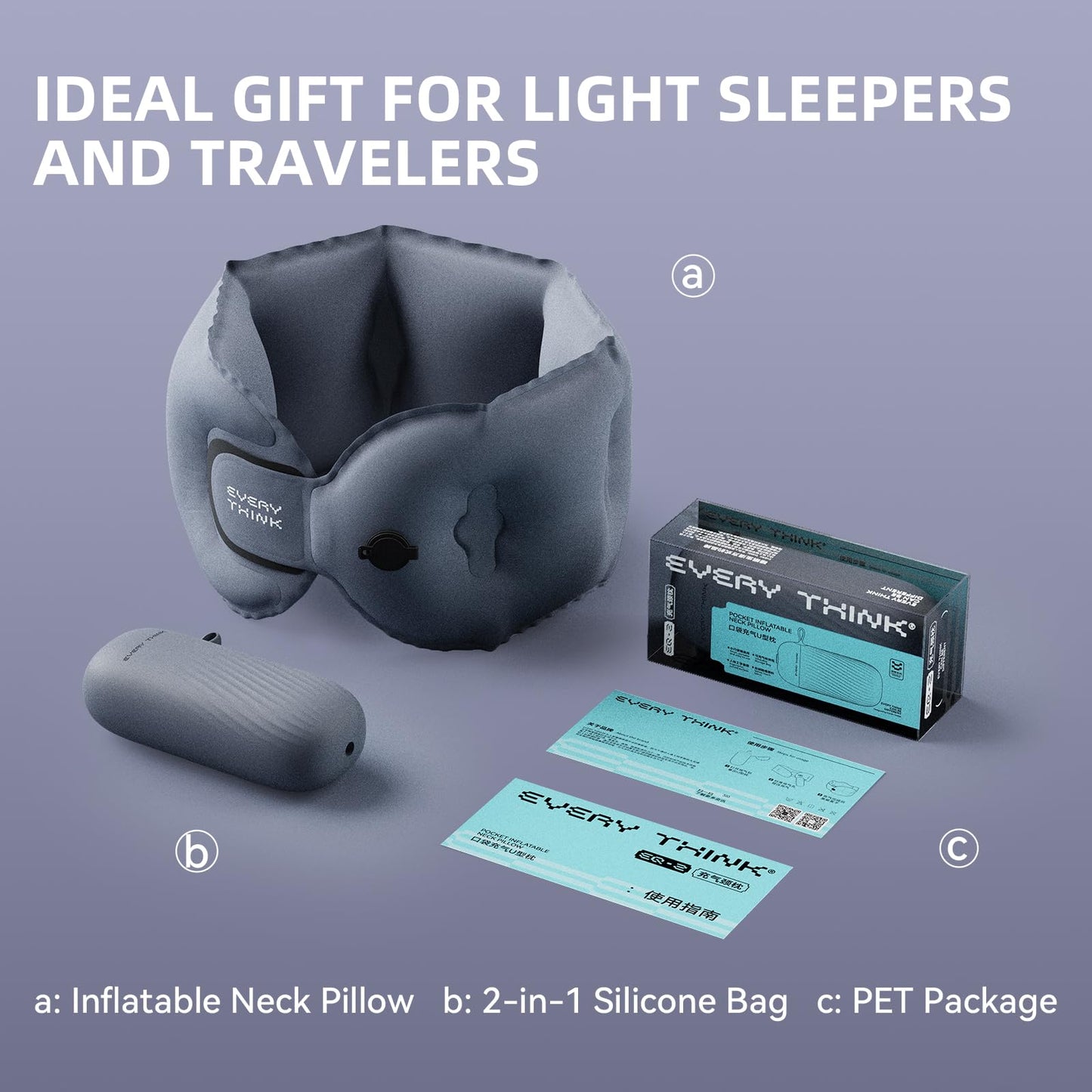 EVERY THINK Inflatable Travel Pillow - Travel Pillow for Long Flight, Inflatable Neck Pillow for Traveling, Pocket Blow Up Pillow for Airplane, Bus, Train, Car, Office, Home (Navy Blue)