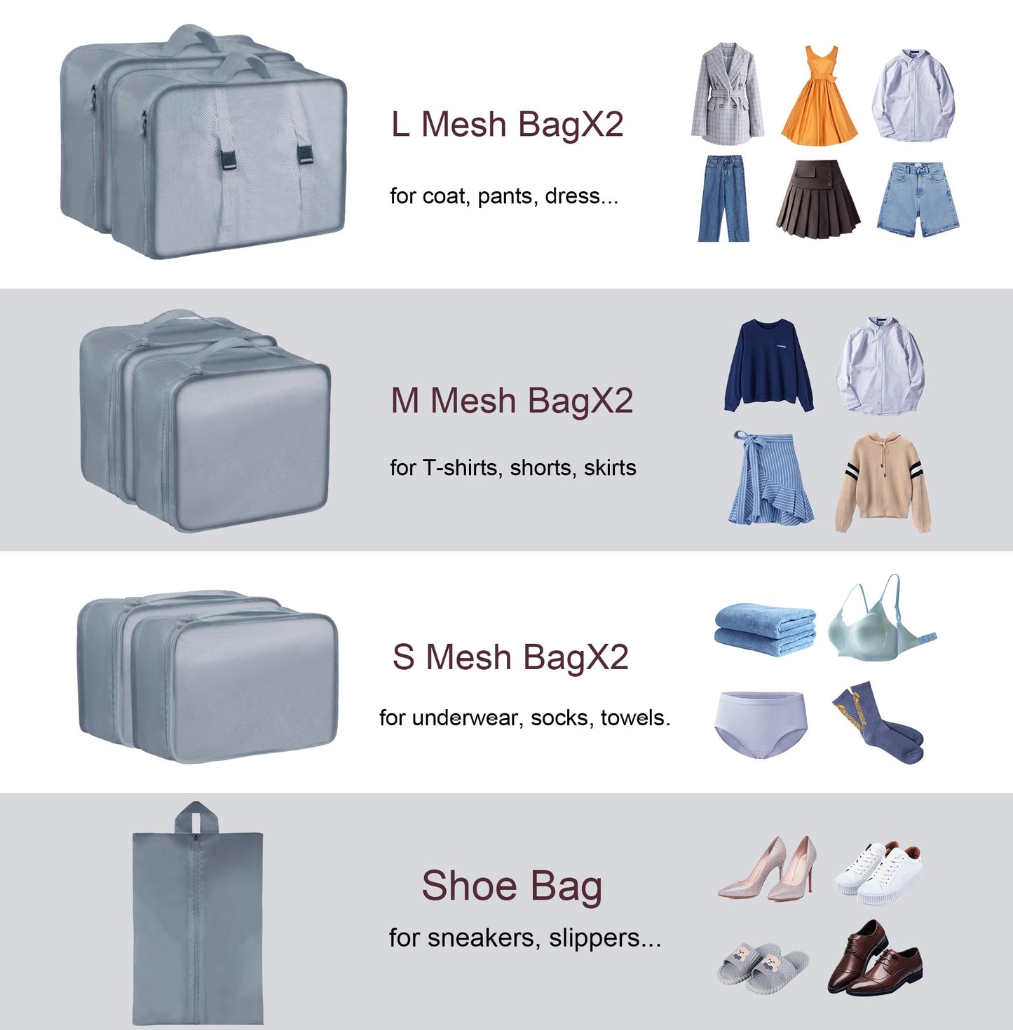 Ebbniur Packing Cubes 7 Pcs Travel Packing Cubes for Suitcases Large Capacity Travel Luggage Organizer Bags for Carry-on Luggage (Grey)